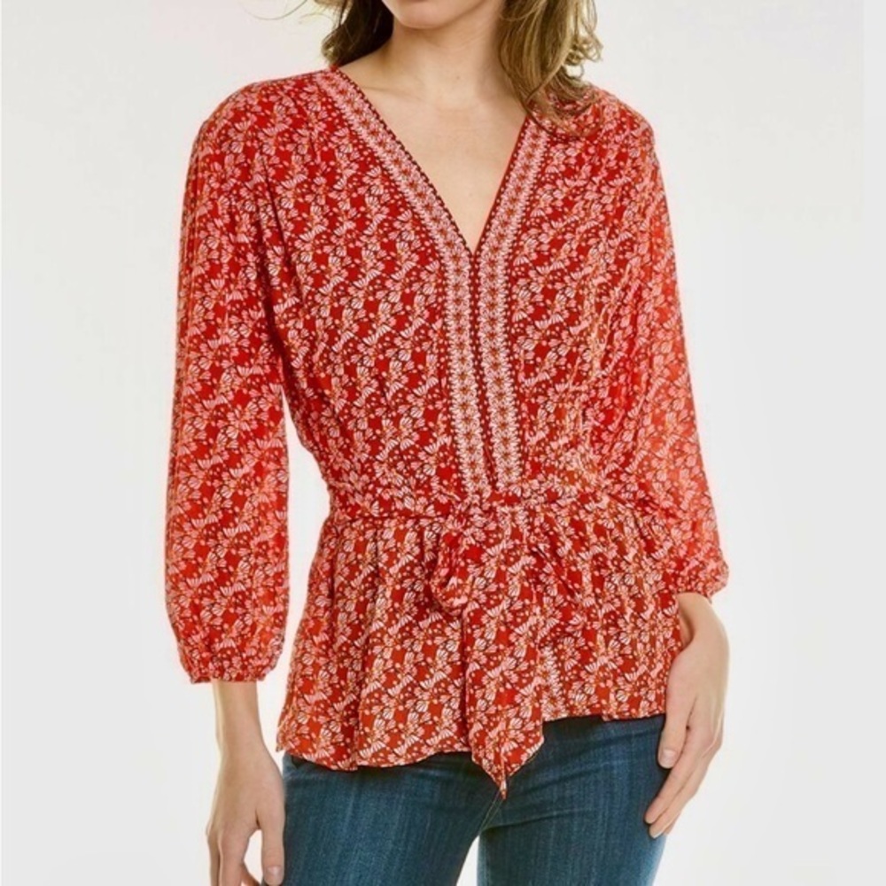Max Studio Red Floral V-Neck Peplum Blouse NWT